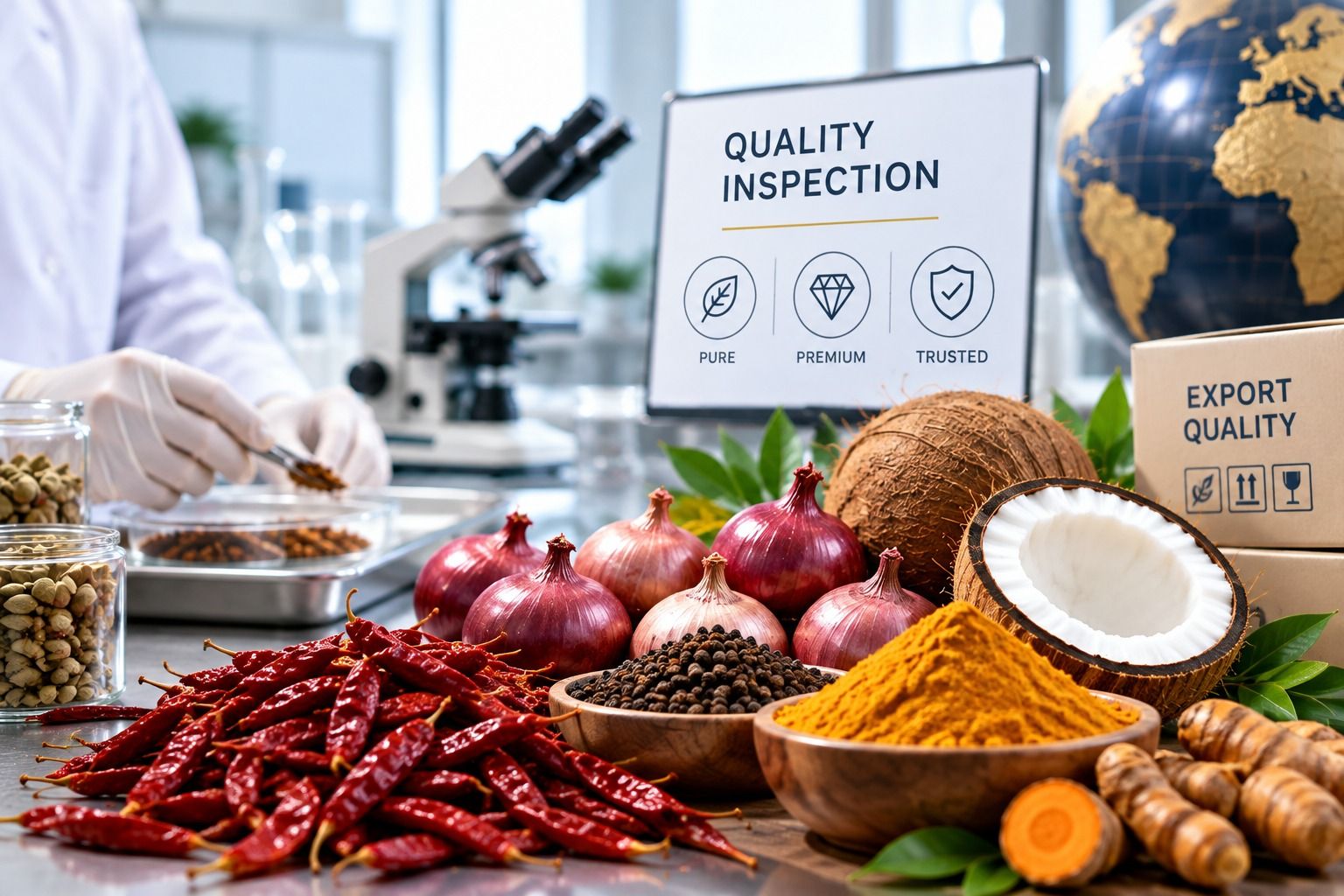 Quality inspection of premium Indian spices with laboratory equipment and export packaging